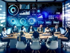 Moderne Büroarbeitsplätze mit Professionals vor großem digitalen Daten-Dashboard, das Grafiken, KPIs und Filteroptionen anzeigt.
