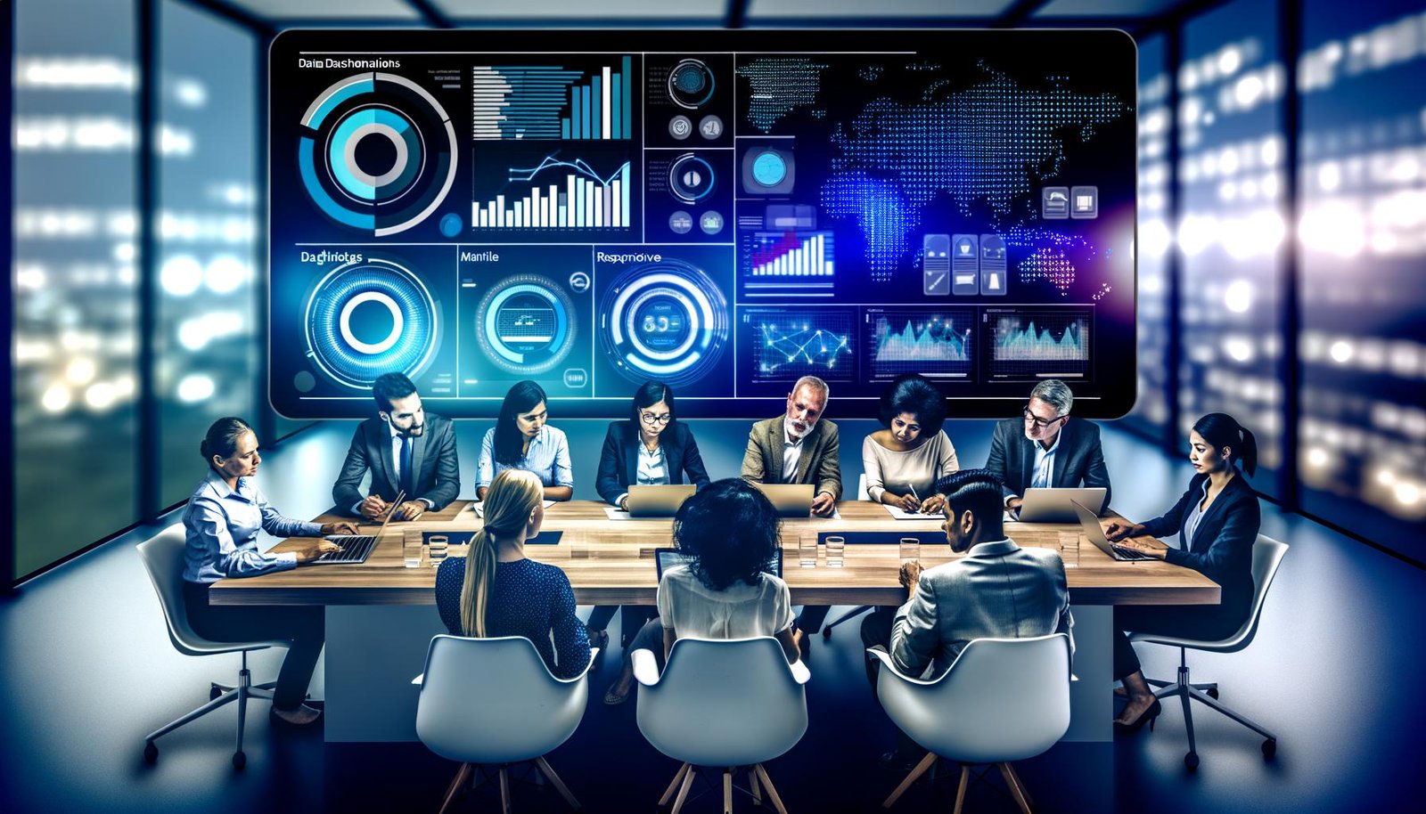Moderne Büroarbeitsplätze mit Professionals vor großem digitalen Daten-Dashboard, das Grafiken, KPIs und Filteroptionen anzeigt.