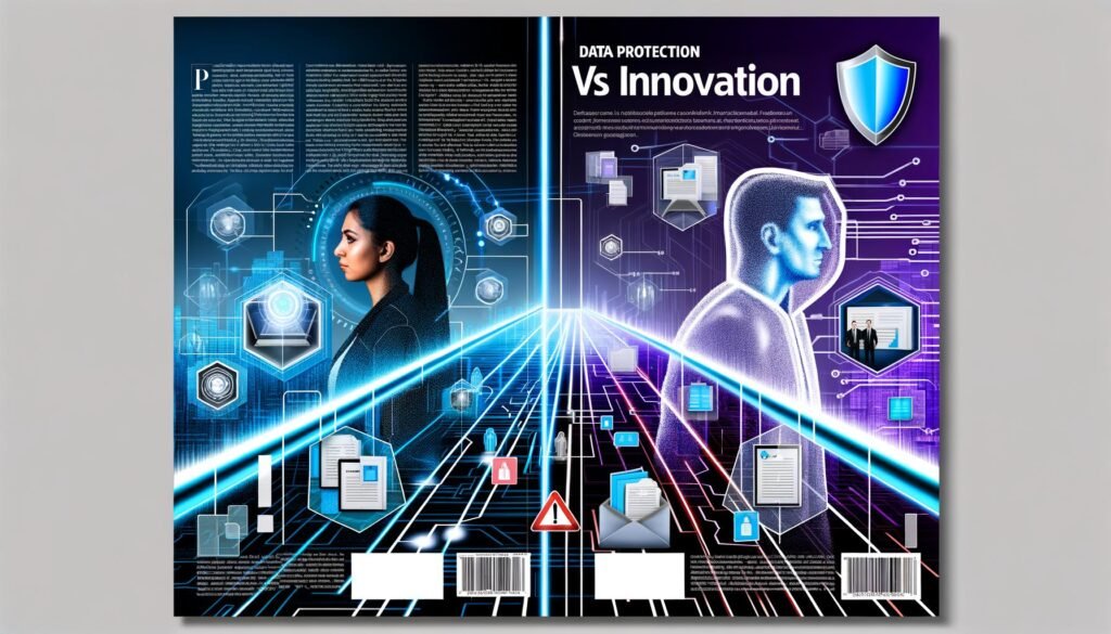 Modernes Editorial-Titelbild mit gegenübergestellten Figuren für Innovation und Datenschutz, getrennt durch Datenströme und digitale Firewall, Headline ‚Datenschutz vs Innovation‘, urbane Farbtöne in Blau, Violett und Silber mit roten Akzenten.