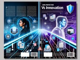 Modernes Editorial-Titelbild mit gegenübergestellten Figuren für Innovation und Datenschutz, getrennt durch Datenströme und digitale Firewall, Headline ‚Datenschutz vs Innovation‘, urbane Farbtöne in Blau, Violett und Silber mit roten Akzenten.