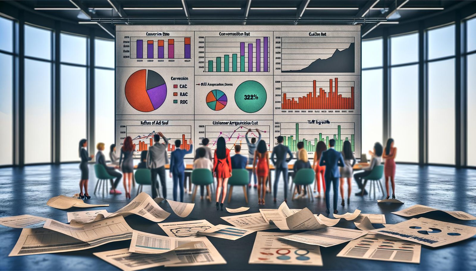 Team aus Marketing- und Data-Experten vor großem Dashboard mit klaren KPIs wie Conversion Rate, CAC, ROAS und Traffic, im Vordergrund chaotische alte Reports, im Hintergrund verblassende Diagramme.