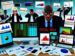 Chaotischer Schreibtisch im Büro, voller bunter Dashboards auf Bildschirmen, Tablets und Papier, frustrierter Business-Mensch in der Mitte, Excel-Hölle-Sticker und digitaler Datensturm im Hintergrund.