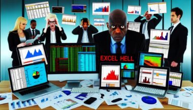 Chaotischer Schreibtisch im Büro, voller bunter Dashboards auf Bildschirmen, Tablets und Papier, frustrierter Business-Mensch in der Mitte, Excel-Hölle-Sticker und digitaler Datensturm im Hintergrund.