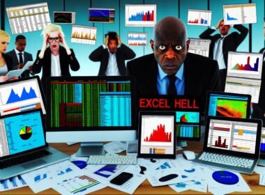 Chaotischer Schreibtisch im Büro, voller bunter Dashboards auf Bildschirmen, Tablets und Papier, frustrierter Business-Mensch in der Mitte, Excel-Hölle-Sticker und digitaler Datensturm im Hintergrund.