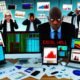 Chaotischer Schreibtisch im Büro, voller bunter Dashboards auf Bildschirmen, Tablets und Papier, frustrierter Business-Mensch in der Mitte, Excel-Hölle-Sticker und digitaler Datensturm im Hintergrund.