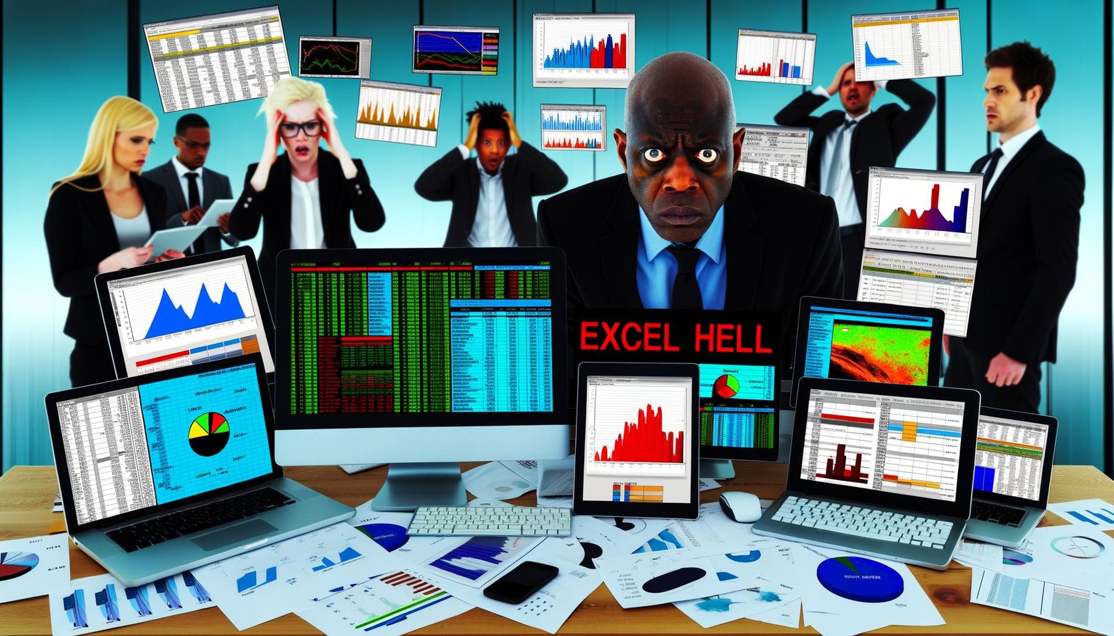 Chaotischer Schreibtisch im Büro, voller bunter Dashboards auf Bildschirmen, Tablets und Papier, frustrierter Business-Mensch in der Mitte, Excel-Hölle-Sticker und digitaler Datensturm im Hintergrund.