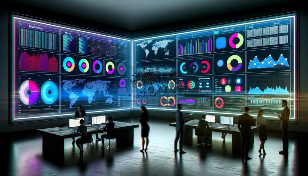Futuristische Kontrollzentrale im Dunkelmodus mit großem Digitaldashboard, Echtzeitdaten-Visualisierungen, kollaborierenden Business-Menschen und zerbrechendem Excel-Icon im Vordergrund.