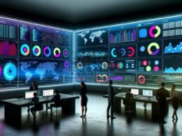 Futuristische Kontrollzentrale im Dunkelmodus mit großem Digitaldashboard, Echtzeitdaten-Visualisierungen, kollaborierenden Business-Menschen und zerbrechendem Excel-Icon im Vordergrund.