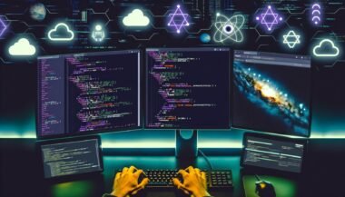 Moderner, dunkler Entwickler-Arbeitsplatz mit mehreren Monitoren voller Quellcode und Plasmic-Studio, genderneutrale Person tippt, umgeben von Icons wie Vercel, Netlify, AWS Lambda, GitHub und CI/CD Workflows vor abstraktem Hintergrund.