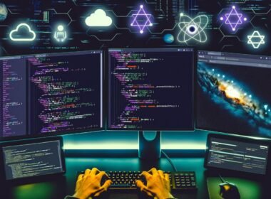 Moderner, dunkler Entwickler-Arbeitsplatz mit mehreren Monitoren voller Quellcode und Plasmic-Studio, genderneutrale Person tippt, umgeben von Icons wie Vercel, Netlify, AWS Lambda, GitHub und CI/CD Workflows vor abstraktem Hintergrund.