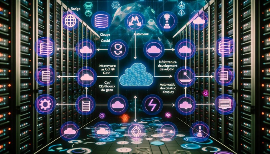 Futuristische Serverlandschaft mit holografischen Cloud- und Workflow-Icons, automatisierten Datenströmen und DevOps-Tools wie Git, Sentry, Datadog in flexibler Cloud-Architektur.