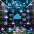 Futuristische Serverlandschaft mit holografischen Cloud- und Workflow-Icons, automatisierten Datenströmen und DevOps-Tools wie Git, Sentry, Datadog in flexibler Cloud-Architektur.