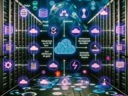 Futuristische Serverlandschaft mit holografischen Cloud- und Workflow-Icons, automatisierten Datenströmen und DevOps-Tools wie Git, Sentry, Datadog in flexibler Cloud-Architektur.