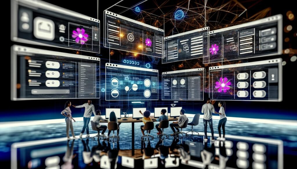 Futuristisches Team arbeitet kollaborativ am Plasmic Studio mit modernen Monitoren voller UI- und API-Elemente, Fokus auf Drag & Drop, Low-Code und hohe Skalierbarkeit.