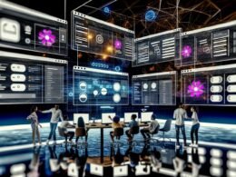 Futuristisches Team arbeitet kollaborativ am Plasmic Studio mit modernen Monitoren voller UI- und API-Elemente, Fokus auf Drag & Drop, Low-Code und hohe Skalierbarkeit.