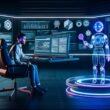 Futuristische Büro-Szene mit Mensch am Monitor und transparentem KI-Assistenten, der Inhalte wie SEO und Datenanalyse visualisiert.
