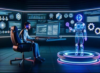 Futuristische Büro-Szene mit Mensch am Monitor und transparentem KI-Assistenten, der Inhalte wie SEO und Datenanalyse visualisiert.