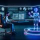 Futuristische Büro-Szene mit Mensch am Monitor und transparentem KI-Assistenten, der Inhalte wie SEO und Datenanalyse visualisiert.