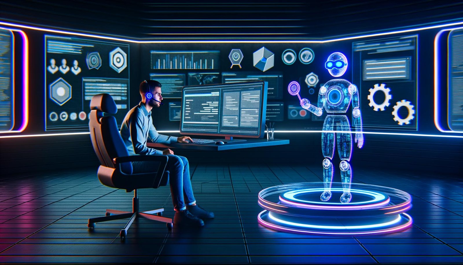 Futuristische Büro-Szene mit Mensch am Monitor und transparentem KI-Assistenten, der Inhalte wie SEO und Datenanalyse visualisiert.