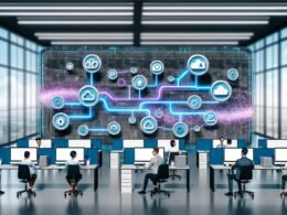 Modernes, futuristisches Büro mit diversen digitalen Experten, die an großen Bildschirmen zusammenarbeiten. Holographische Visualisierungen von Automatisierung, APIs und KI-Symbolen verbinden modulare Content-Blöcke. Im Hintergrund strukturierter Datenfluss.