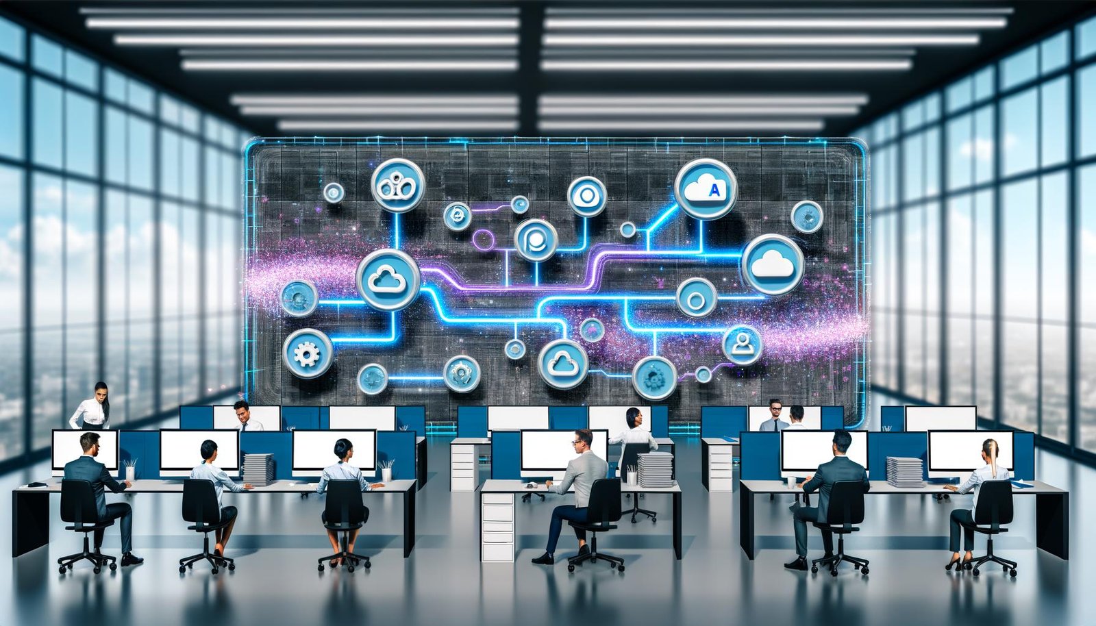 Modernes, futuristisches Büro mit diversen digitalen Experten, die an großen Bildschirmen zusammenarbeiten. Holographische Visualisierungen von Automatisierung, APIs und KI-Symbolen verbinden modulare Content-Blöcke. Im Hintergrund strukturierter Datenfluss.