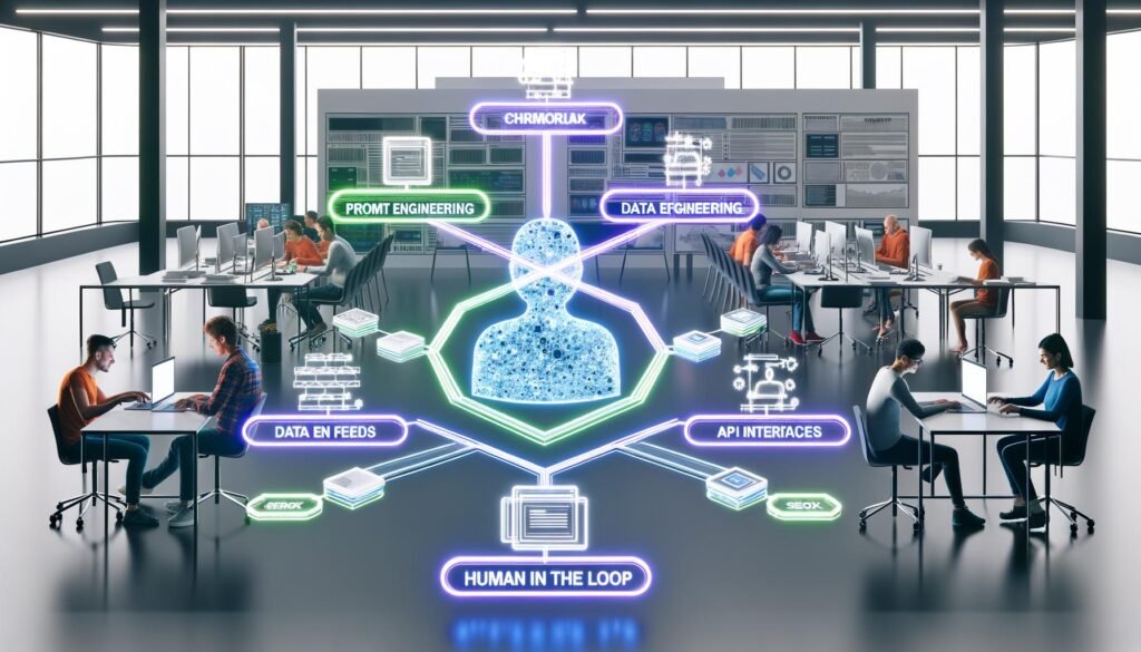 Modernes Redaktionsbüro mit leuchtendem Framework-Diagramm, das Prompt Engineering, Daten-Feeds, API-Schnittstellen und Human-in-the-Loop zeigt. Menschen arbeiten an Laptops, KI-Avatare prüfen Texte, SEO-Dashboards auf Bildschirmen.