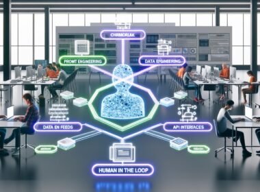 Modernes Redaktionsbüro mit leuchtendem Framework-Diagramm, das Prompt Engineering, Daten-Feeds, API-Schnittstellen und Human-in-the-Loop zeigt. Menschen arbeiten an Laptops, KI-Avatare prüfen Texte, SEO-Dashboards auf Bildschirmen.