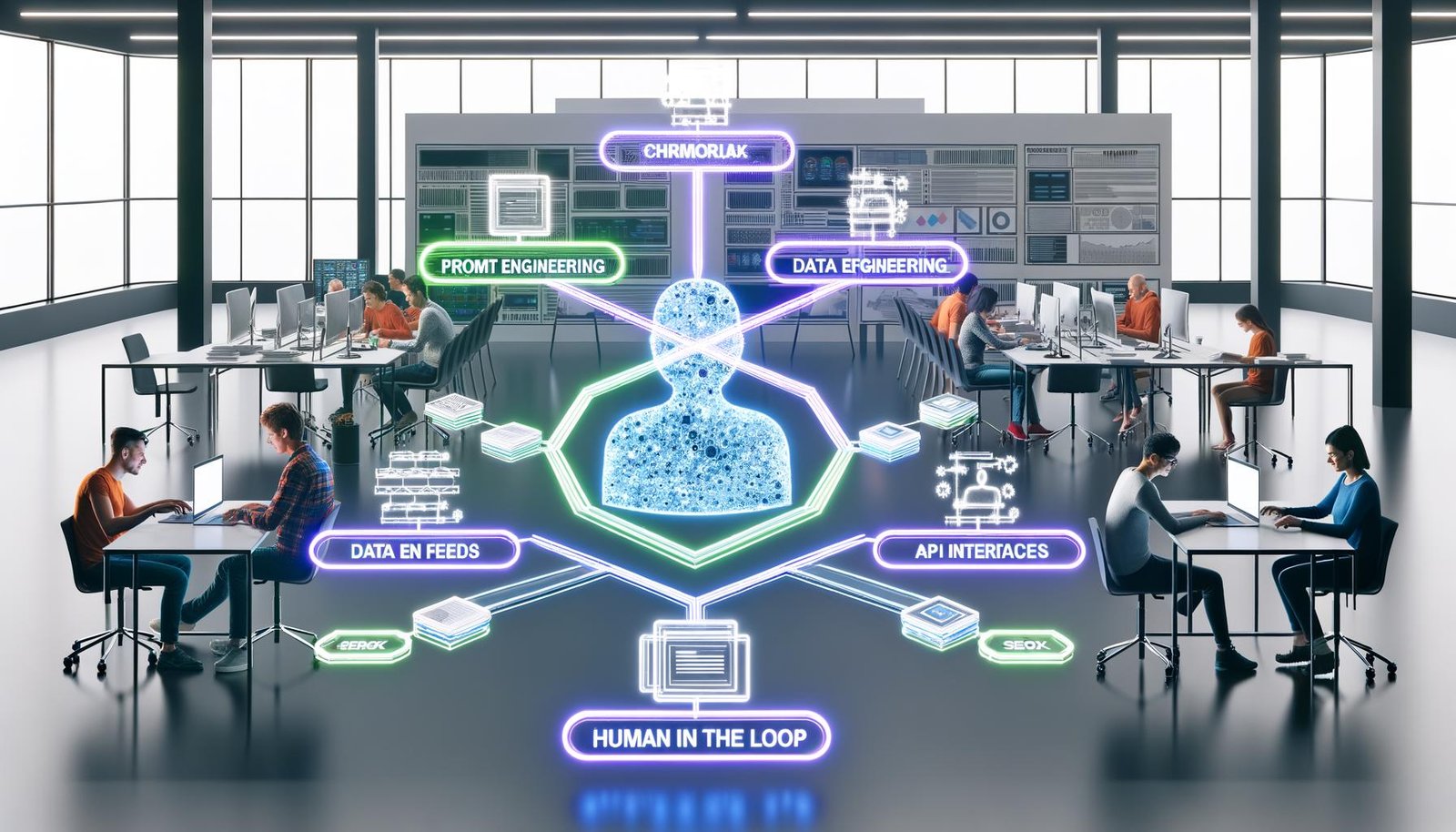 Modernes Redaktionsbüro mit leuchtendem Framework-Diagramm, das Prompt Engineering, Daten-Feeds, API-Schnittstellen und Human-in-the-Loop zeigt. Menschen arbeiten an Laptops, KI-Avatare prüfen Texte, SEO-Dashboards auf Bildschirmen.