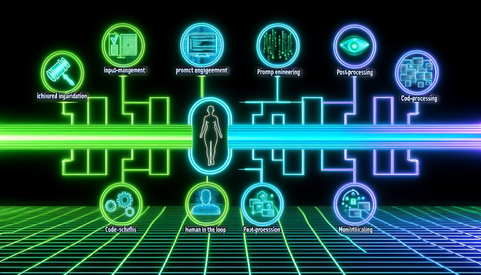 Hightech-Illustration einer digitalen Content-Pipeline mit leuchtenden Modulen für Input-Management, Prompt Engineering, LLM-Integration, Post-Processing, Human-in-the-Loop, Publishing und Monitoring. Im Vordergrund arbeiten Menschen und KI-Icons zusammen.