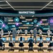 Futuristischer, offener Arbeitsplatz mit Marketern an holografischen Dashboards, KI-Chatbots und digitalen Arbeitsabläufen vor Screens mit Echtzeit-Analysen.