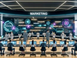 Futuristischer, offener Arbeitsplatz mit Marketern an holografischen Dashboards, KI-Chatbots und digitalen Arbeitsabläufen vor Screens mit Echtzeit-Analysen.