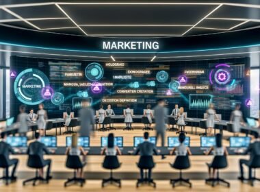 Futuristischer, offener Arbeitsplatz mit Marketern an holografischen Dashboards, KI-Chatbots und digitalen Arbeitsabläufen vor Screens mit Echtzeit-Analysen.