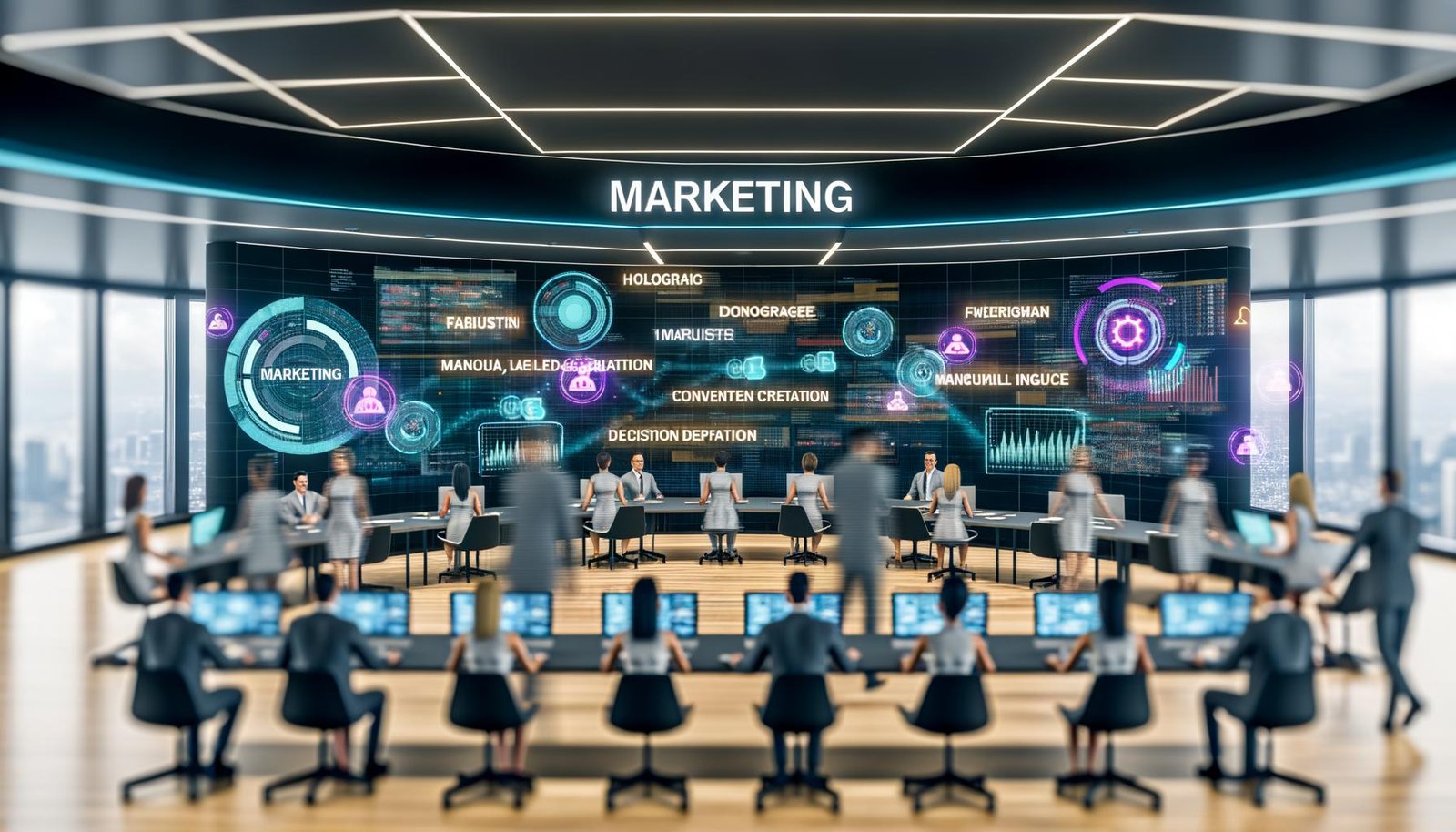 Futuristischer, offener Arbeitsplatz mit Marketern an holografischen Dashboards, KI-Chatbots und digitalen Arbeitsabläufen vor Screens mit Echtzeit-Analysen.
