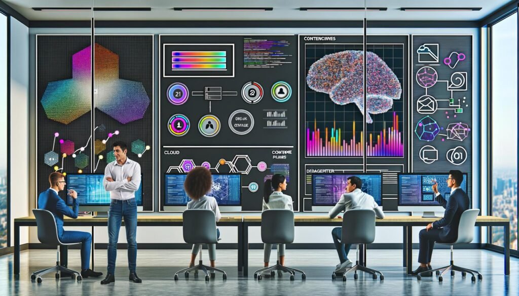 Kreatives, diverses Team arbeitet in futuristischem Büro vor Dashboards mit KI-generierten Texten, Datenströmen und Cloud-Infrastrukturen.