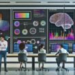 Kreatives, diverses Team arbeitet in futuristischem Büro vor Dashboards mit KI-generierten Texten, Datenströmen und Cloud-Infrastrukturen.