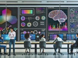 Kreatives, diverses Team arbeitet in futuristischem Büro vor Dashboards mit KI-generierten Texten, Datenströmen und Cloud-Infrastrukturen.