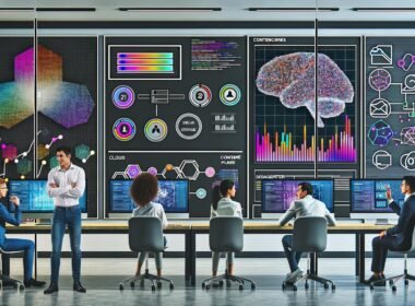 Kreatives, diverses Team arbeitet in futuristischem Büro vor Dashboards mit KI-generierten Texten, Datenströmen und Cloud-Infrastrukturen.