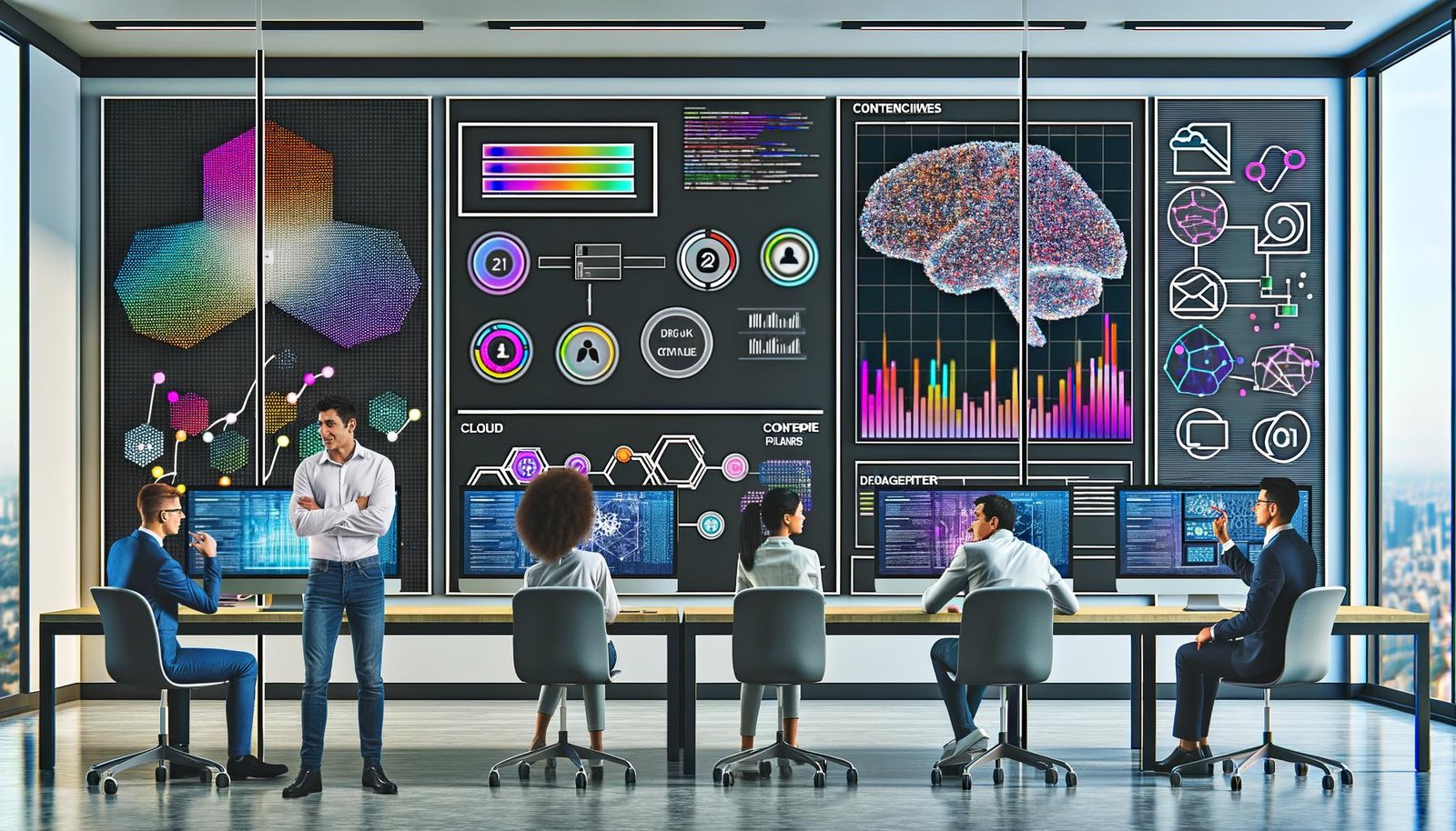 Kreatives, diverses Team arbeitet in futuristischem Büro vor Dashboards mit KI-generierten Texten, Datenströmen und Cloud-Infrastrukturen.