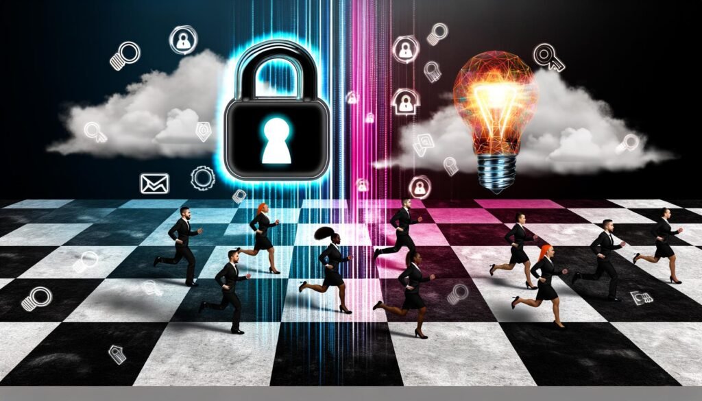 Moderne Illustration mit Vorhängeschloss und Glühbirne, verbunden durch ein digitales Spielfeld mit Avataren aus Marketing, Recht und IT, umgeben von Datenwolken und Consent-Bannern.