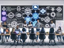 Modernes Büro mit diversen Teammitgliedern, die an Laptops und großen Bildschirmen digitale Workflows und Tools nutzen. Whiteboards mit Prozessen, Checklisten und KPIs, im Hintergrund strukturierte Datenflüsse.