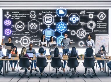 Modernes Büro mit diversen Teammitgliedern, die an Laptops und großen Bildschirmen digitale Workflows und Tools nutzen. Whiteboards mit Prozessen, Checklisten und KPIs, im Hintergrund strukturierte Datenflüsse.