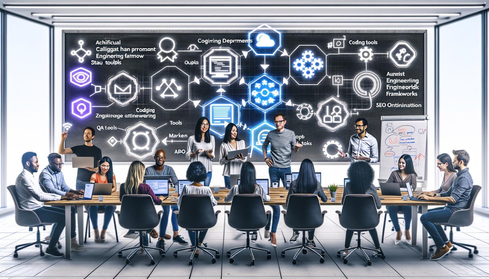 Modernes Büro mit diversen Teammitgliedern, die an Laptops und großen Bildschirmen digitale Workflows und Tools nutzen. Whiteboards mit Prozessen, Checklisten und KPIs, im Hintergrund strukturierte Datenflüsse.