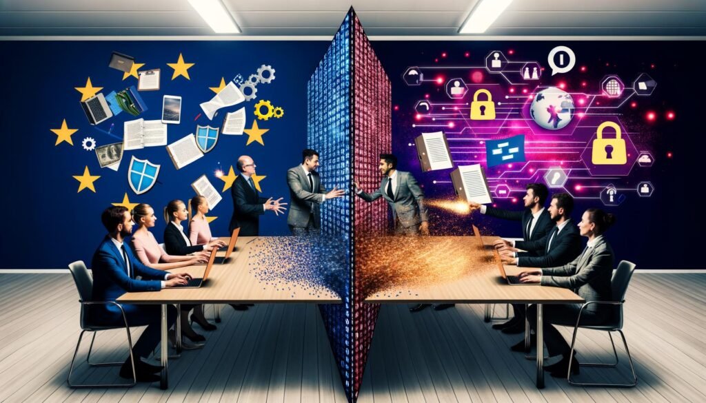 Konferenzen zwischen Datenschutzverantwortlichen und Tech-Gründern mit KI-Grafiken, Ordnern, digitaler Trennwand und EU-Flagge im Hintergrund.
