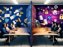 Konferenzen zwischen Datenschutzverantwortlichen und Tech-Gründern mit KI-Grafiken, Ordnern, digitaler Trennwand und EU-Flagge im Hintergrund.