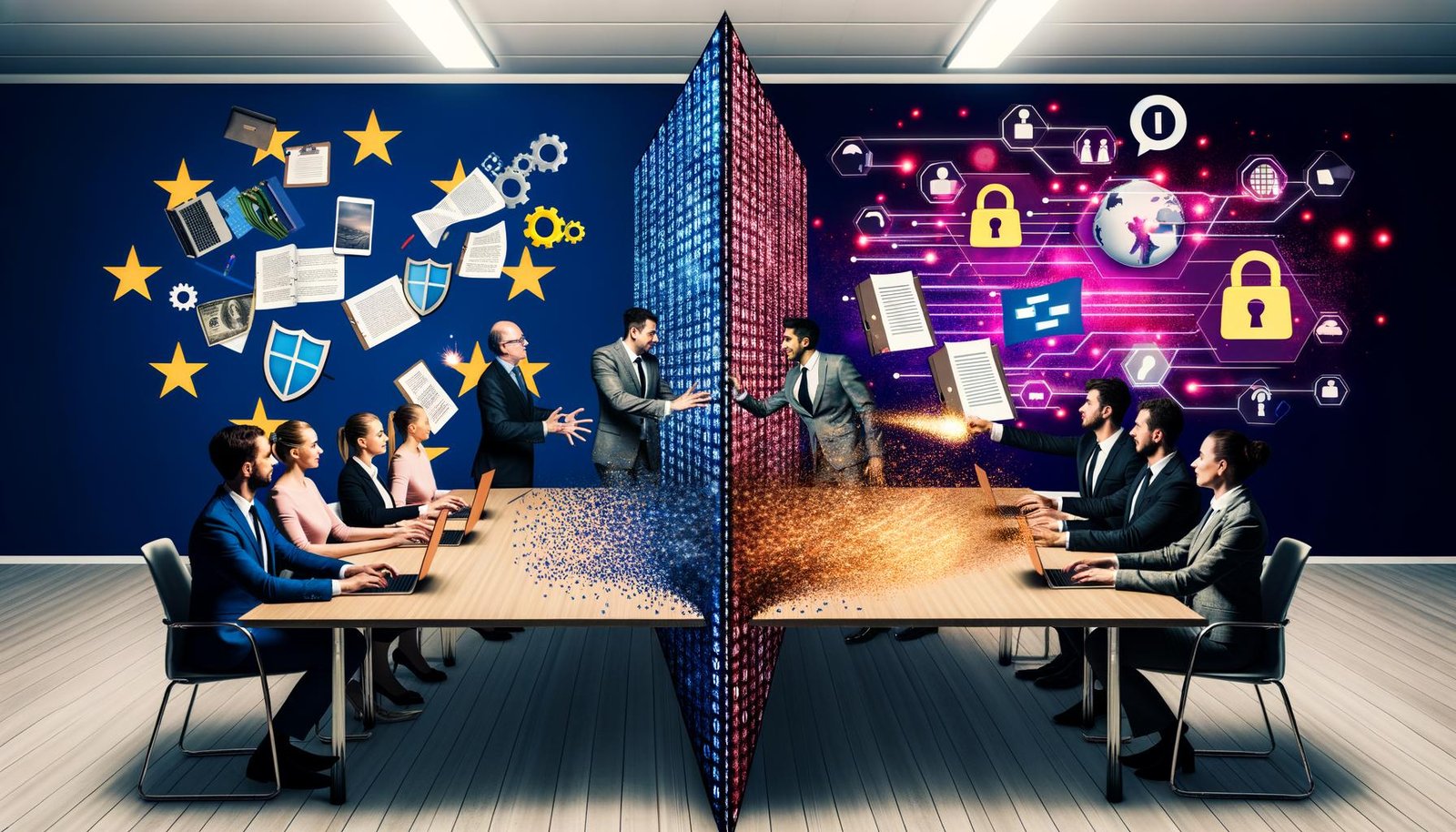 Konferenzen zwischen Datenschutzverantwortlichen und Tech-Gründern mit KI-Grafiken, Ordnern, digitaler Trennwand und EU-Flagge im Hintergrund.