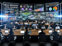 Marketer-Team in einem High-Tech-Büro analysiert an einem großen Dashboard Live-Daten zu SEO, SEM, Social Media und E-Commerce, verbunden mit Google Analytics, Power BI und Tableau.