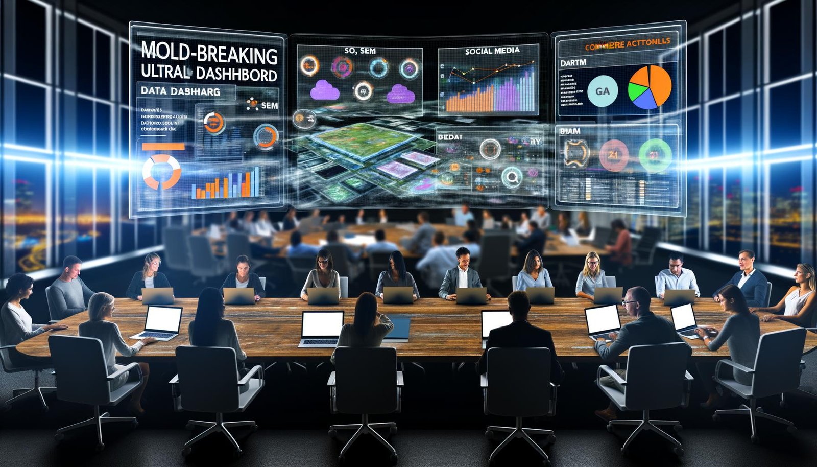 Marketer-Team in einem High-Tech-Büro analysiert an einem großen Dashboard Live-Daten zu SEO, SEM, Social Media und E-Commerce, verbunden mit Google Analytics, Power BI und Tableau.