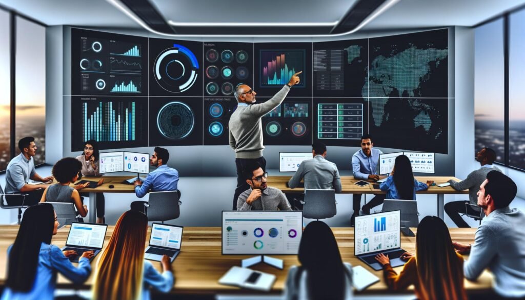 Modernes Büro mit digitalen Kontrollzentralen, Data-Dashboards auf großen Monitoren und einem fokussierten Team aus Marketing- und Data-Expert:innen bei der Analyse von Kennzahlen.