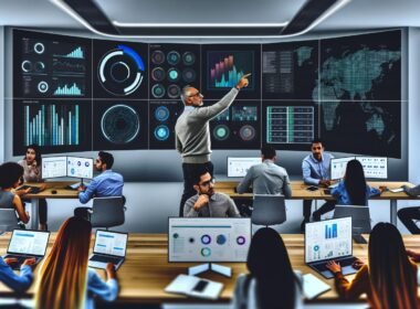 Modernes Büro mit digitalen Kontrollzentralen, Data-Dashboards auf großen Monitoren und einem fokussierten Team aus Marketing- und Data-Expert:innen bei der Analyse von Kennzahlen.