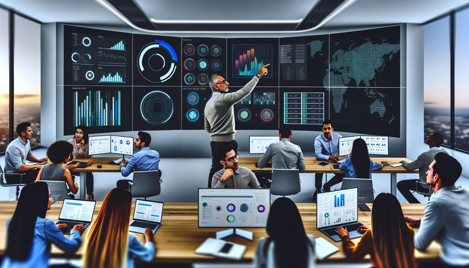 Modernes Büro mit digitalen Kontrollzentralen, Data-Dashboards auf großen Monitoren und einem fokussierten Team aus Marketing- und Data-Expert:innen bei der Analyse von Kennzahlen.